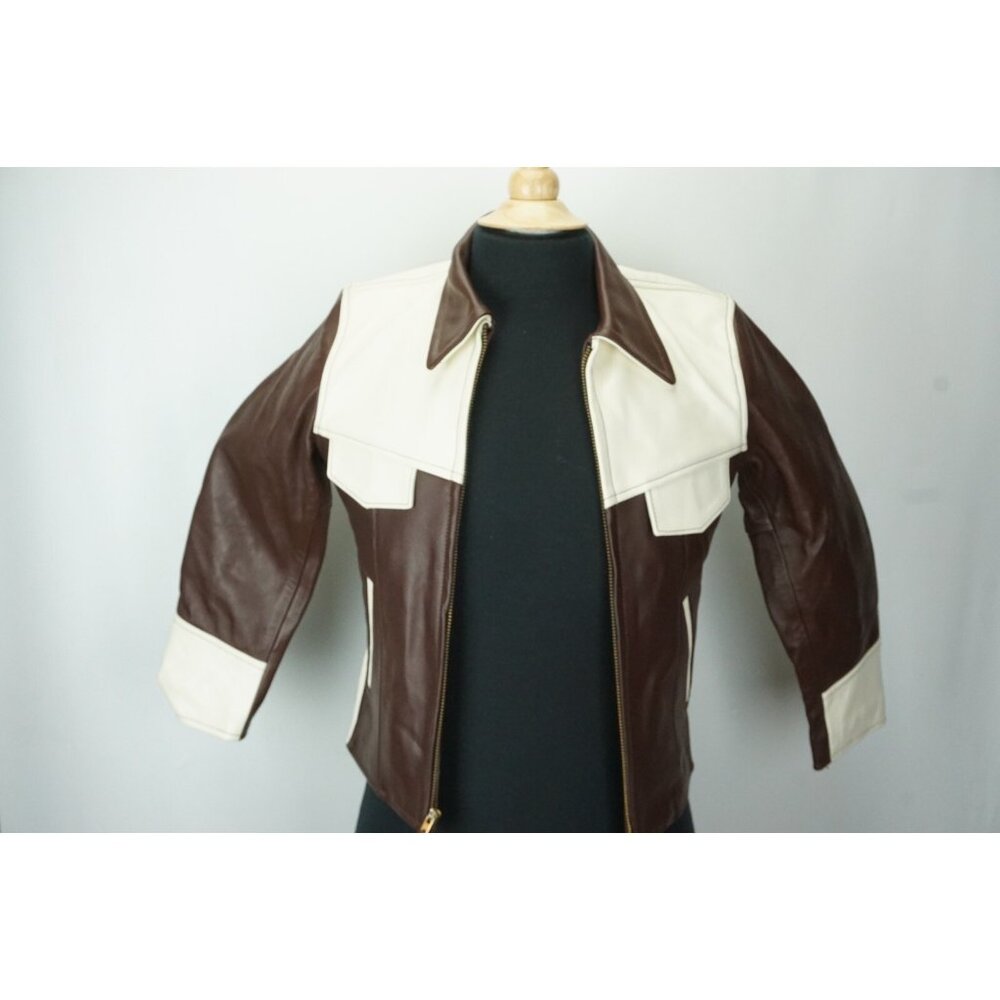 Lost Worlds Brown/White Horsehide DBL Front Pocket Leather Jacket Sz S US